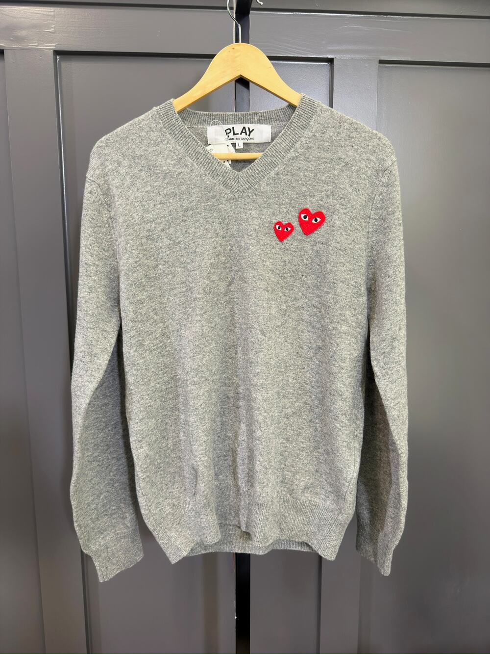 NWT Play Comme des Garçons V-Neck Double Heart Wool Sweater, L, $344 MSRP